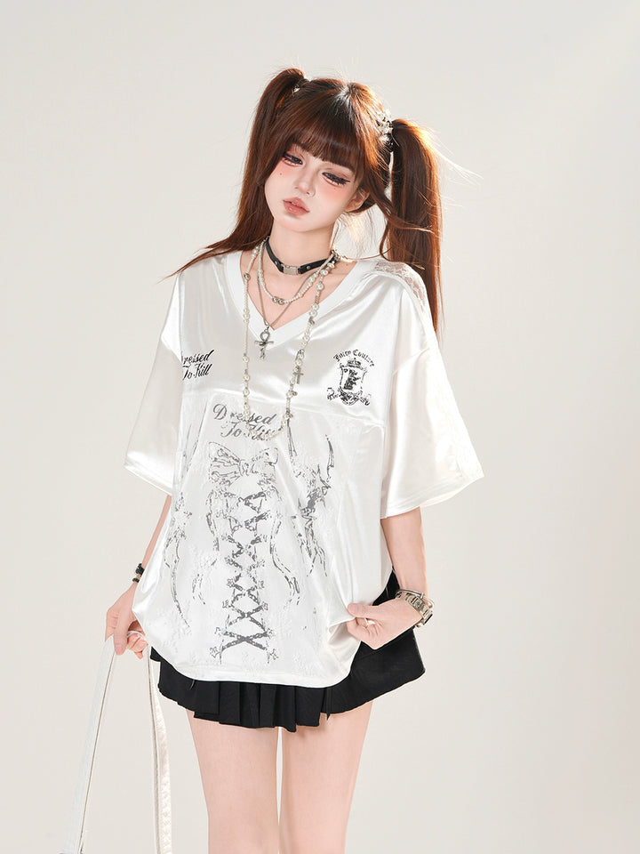V-neck Lace Graphic Short Sleeve T-shirt