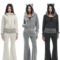 Felpa con cappuccio e zip con corna di diavolo a pois 