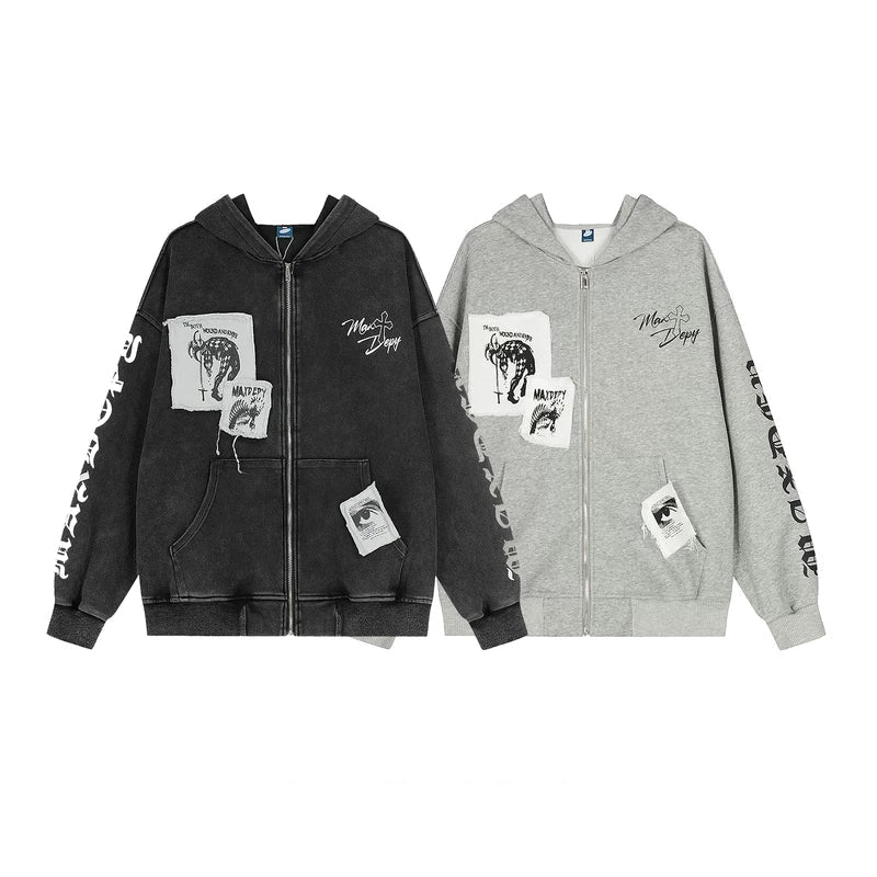 Patchwork Grafik Zip-Up Hoodie 