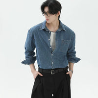 Camisa de Botão de Jeans com Bolso no Peito 