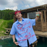 ダックスフントプリントストライプショートスリーブシャツ 