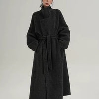 ハイネックベルト付きロングウールコート 