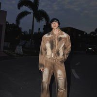 طقم جاكيت جينز ممزق وسروال متآكل 