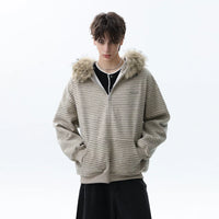 Sökülebilir Kürk Kapüşonlu Çizgili Fermuarlı Hoodie 