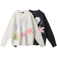 레트로 바다 생물 프린트 니트 스웨터 