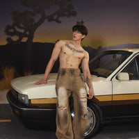 جينز بنطال واسع الساقين بطول الأرض ممزق ومصبوغ 