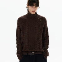 Kablo Örgü Diyagonal Düğmeli Yüksek Yaka Kazak 