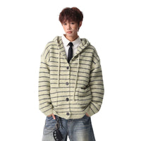 Çizgili Kapüşonlu Düğmeli Triko Kazak 