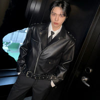 Buckle Detail Motorcycle Leather Jacket
