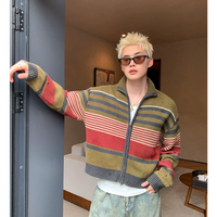 Cardigã de Tricô Listrado com Gola Alta de Algodão 