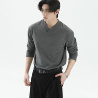 تي شيرت كاجوال بأكمام طويلة على شكل V 