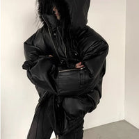 Leather Hooded Puffer Winter Jacket