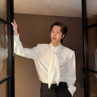 스탠드 칼라 넥타이 긴 소매 셔츠 