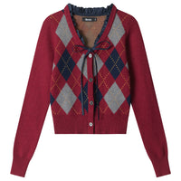 다이아몬드 체크 브이넥 니트 가디건 