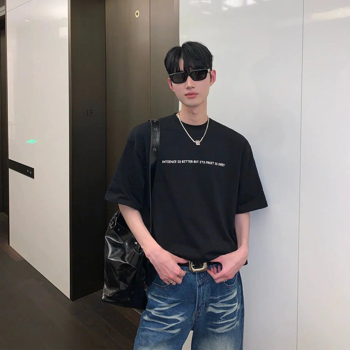 Letter Embroidered Round Neck T-shirt