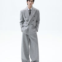 سترة بدلة مزدوجة الصدر وسروال واسع 