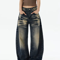 레트로 와이드 레그 워시드 데님 팬츠 