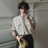 짧은 소매 줄무늬 라운드 넥 가디건 셔츠 