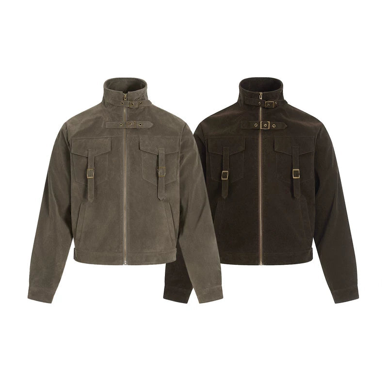 Retro Wildleder Stehkragen Zip-Jacke 