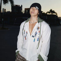 Chemise à manches longues à capuche en patchwork graphique rétro 