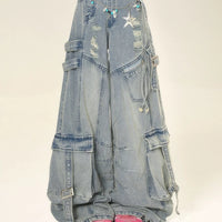 Pantalons cargo en denim déchirés à jambes larges 