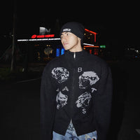 Retro Portre Jakarlı Fermuarlı Triko Hırka 