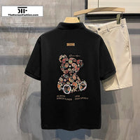 Bear Print Lapel Polo Breathable T-Shirt