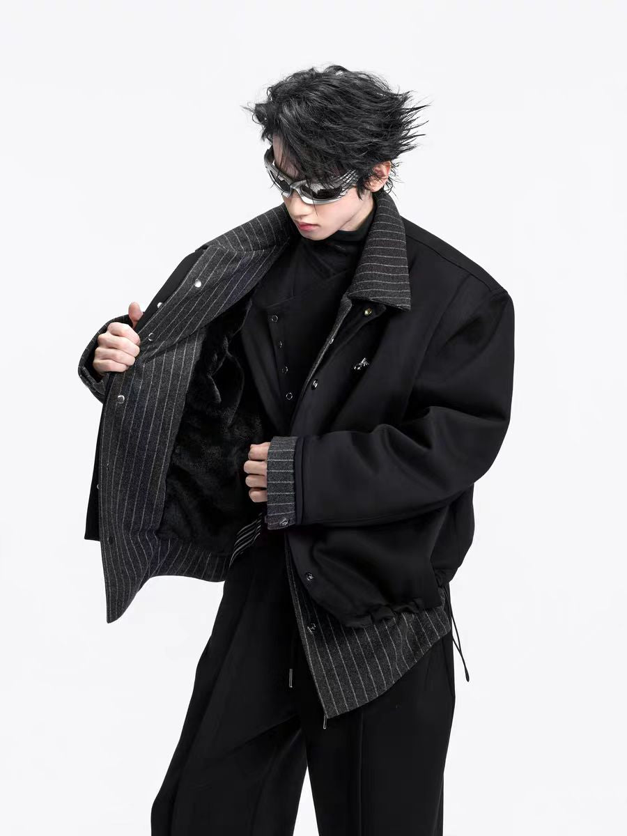 Faux Two-Piece Striped Collar Jacket