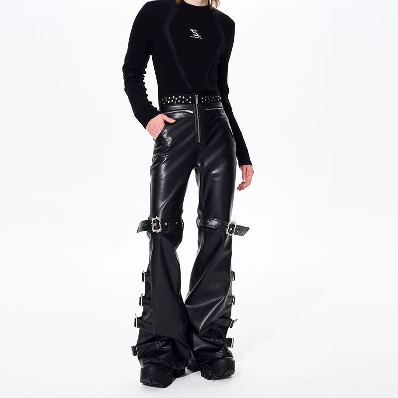Flared PU Leather Buckle Strap Pants 2