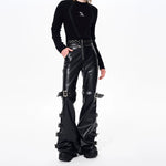 Flared PU Leather Buckle Strap Pants 2