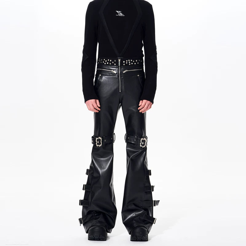 Flared PU Leather Buckle Strap Pants 4