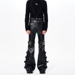 Flared PU Leather Buckle Strap Pants 4