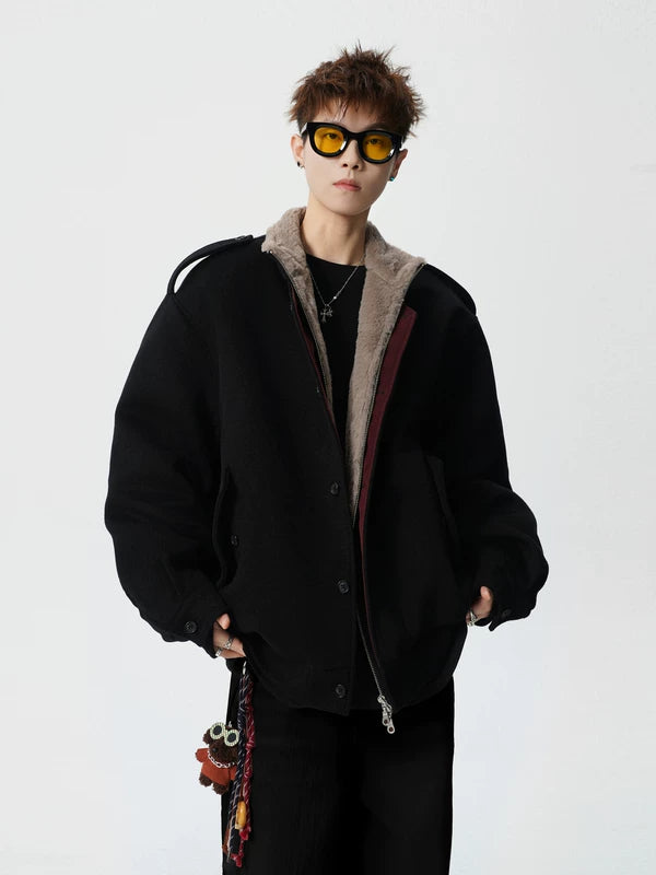 Fleece-Lined Epaulette Stand Collar Jacket 4