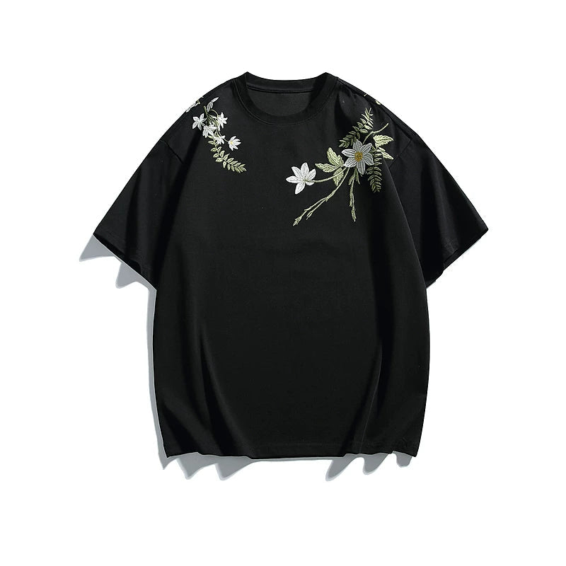 5952970590533,5952970590534,5952970590535,5952970590536, Floral Embroidered Loose Fit Short-Sleeve T-Shirt