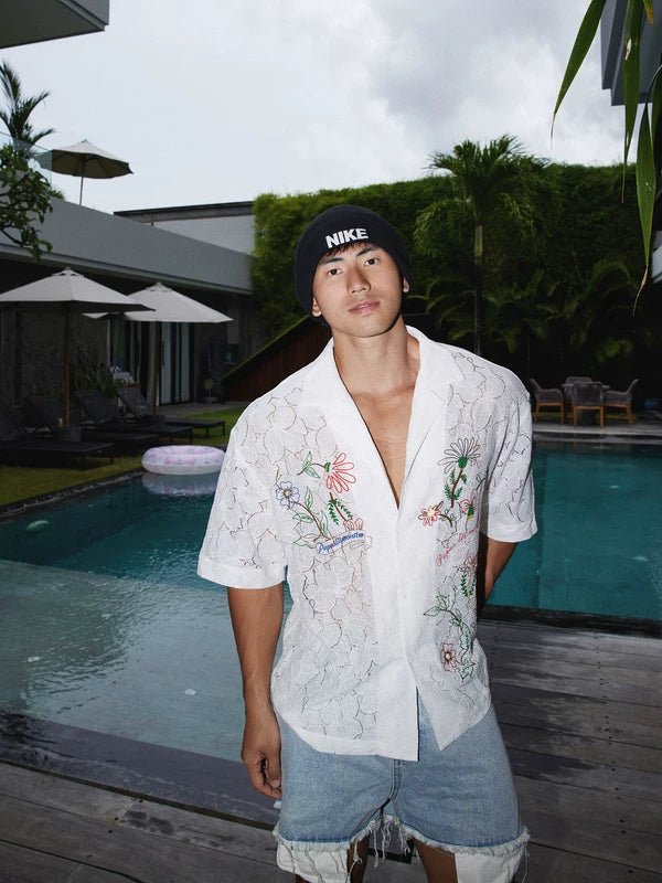 Floral Lace Cuban Collar Short-Sleeve Shirt 4