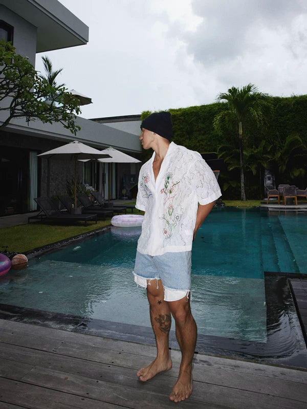 Floral Lace Cuban Collar Short-Sleeve Shirt 5