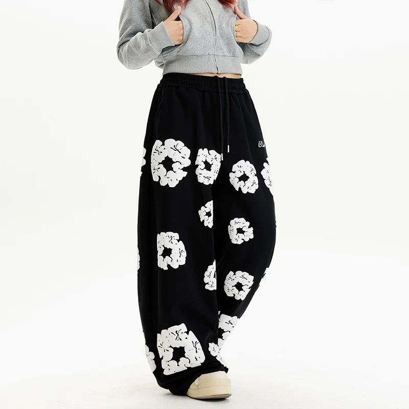 alt_id_1082693426, Floral Print Elastic Waist Wide Leg Pants