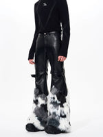 Fur Trim Flared Leather Pants with Buckles 2