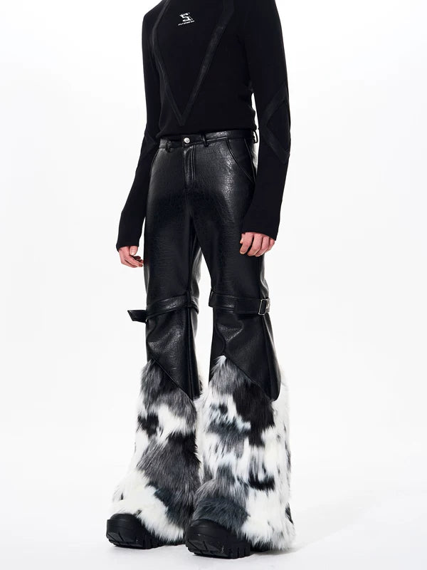 Fur Trim Flared Leather Pants with Buckles 2