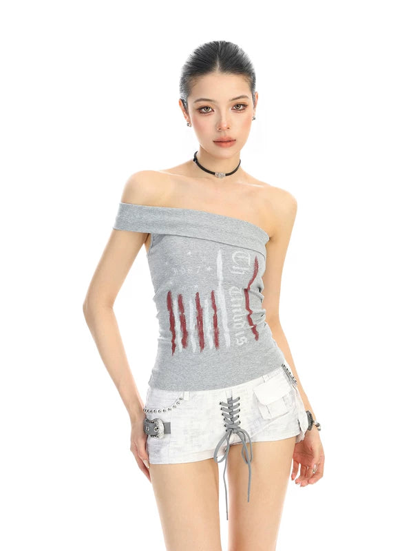 6036238716978,6036238716979,6036238716980, Graffiti Off-Shoulder Bandeau Tank Top