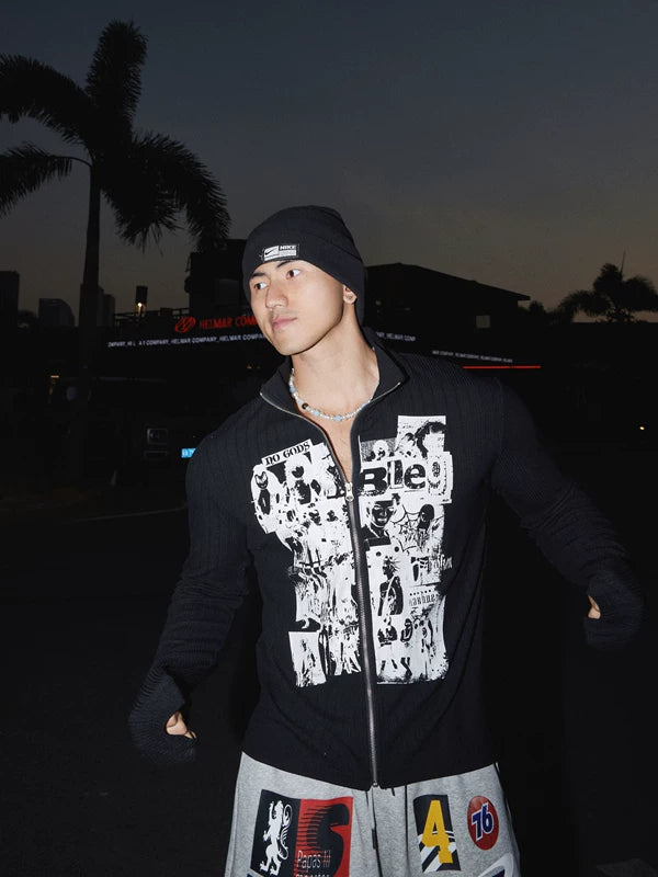 Graffiti Portrait Print Zip-Up Shirt 3