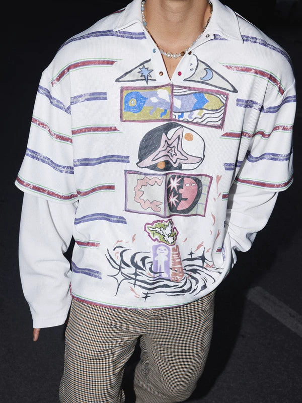 Graffiti Print Striped Faux Layered Polo Shirt 3