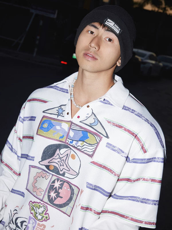 Graffiti Print Striped Faux Layered Polo Shirt 4