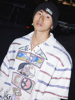 Graffiti Print Striped Faux Layered Polo Shirt 4