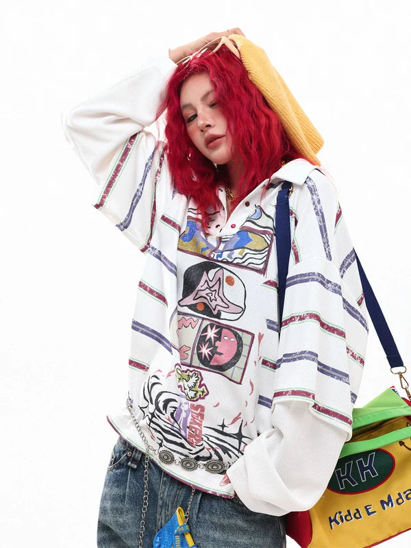 Graffiti Print Striped Long Sleeve Turtleneck 2