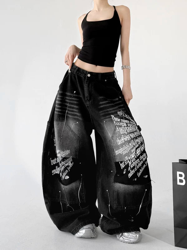 Graffiti Print Wide Leg Denim Pants 5