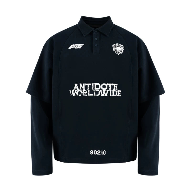 5890944435784,5890944435785,5890944435786,5890944435787, Graphic Long Sleeve Faux Layered Polo Shirt