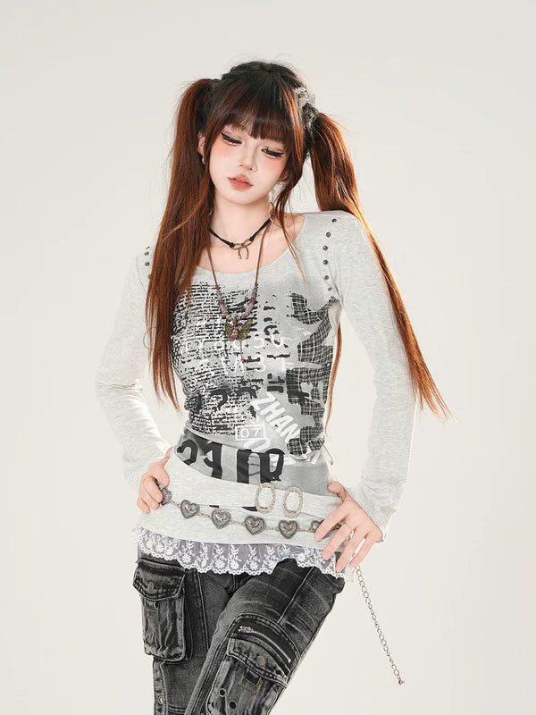 1627207:28320,6084949466412,1627207:28320,6084949466410,1627207:28320,6084949466408,6084949466412,6084949466410,6084949466408, Graphic Long Sleeve Lace Hem T-Shirt