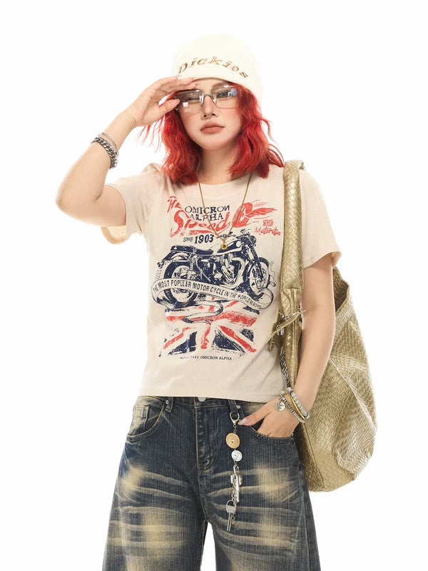 Graphic Motorcycle Print Short Sleeve T-Shirt 3