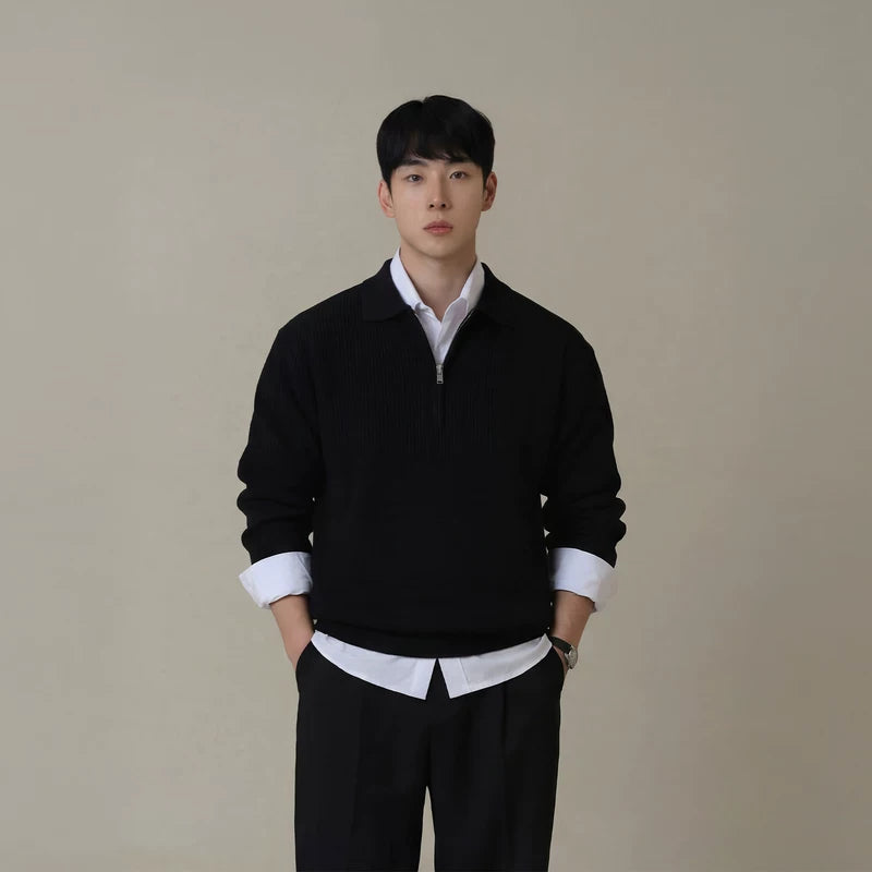 1627207:28341,6011581352428,1627207:28341,6011581352426,1627207:28341,6011581352427,6011581352428,6011581352426,6011581352427, Half-Zip Lapel Knit Commuter Sweater